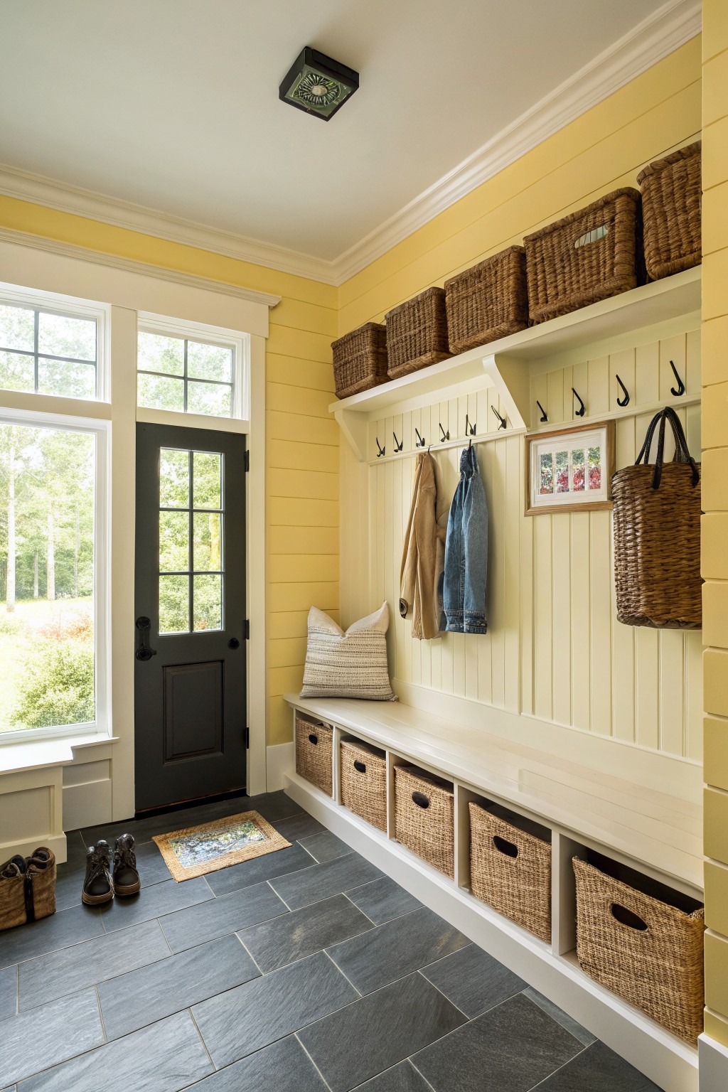 Light yellow walls in a bright entryway with white trim and storage shelves.
