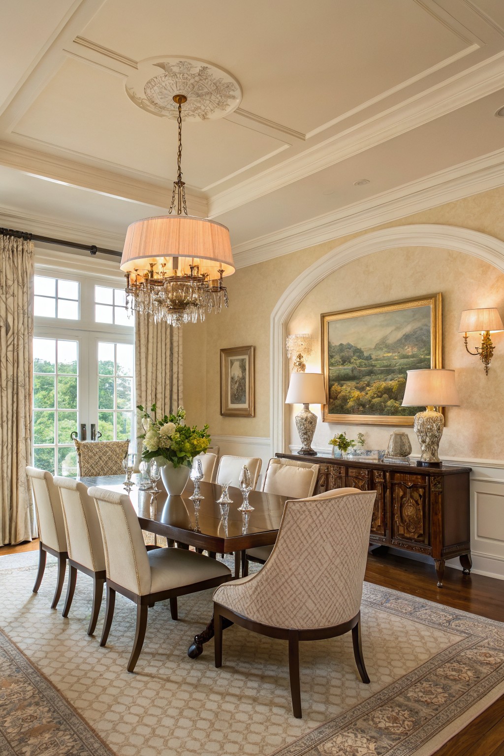 Warm beige walls in a dining room with a dark wood table.