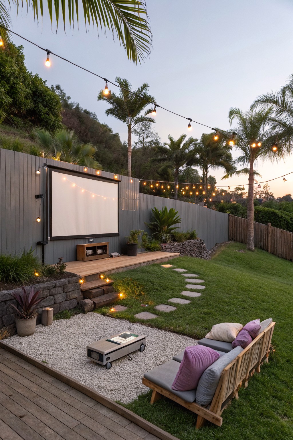 Backyard at dusk with projector screen on gray wooden fence, string lights overhead, wooden projector cart on gravel, cushioned daybed seating, stepping stone path, plants, and palm trees.