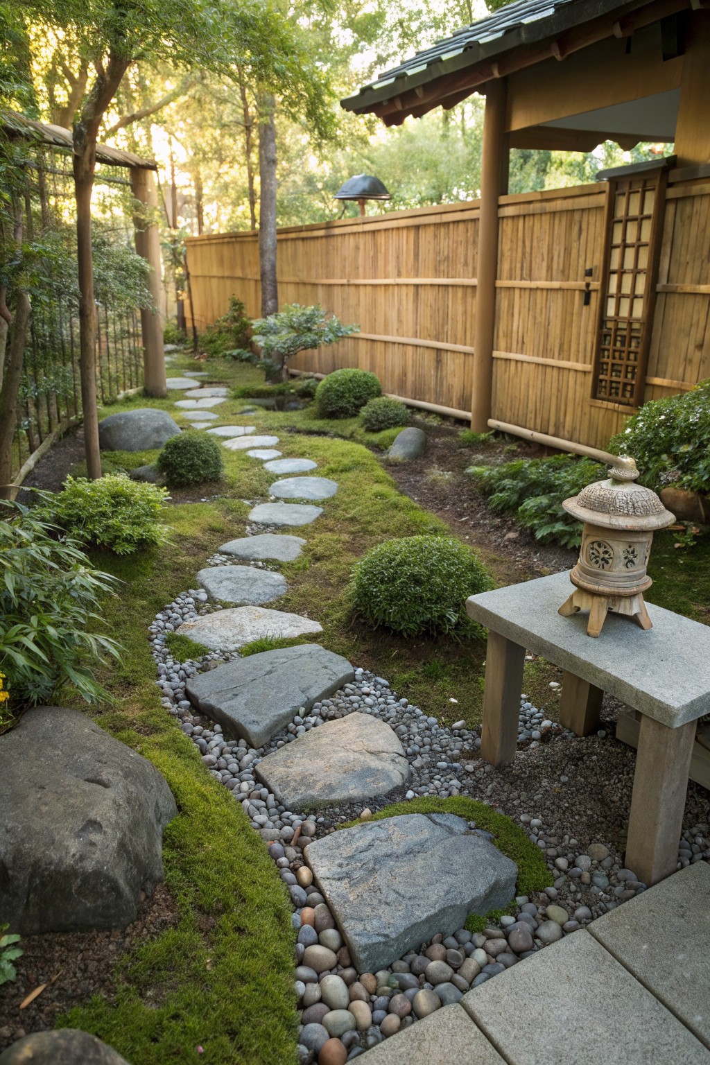 Winding path of irregular gray stone stepping stones set into green moss and bordered by gravel, with large rocks, low shrubs, clipped bushes, a stone lantern on a table, and wooden fencing and architecture in a garden setting.