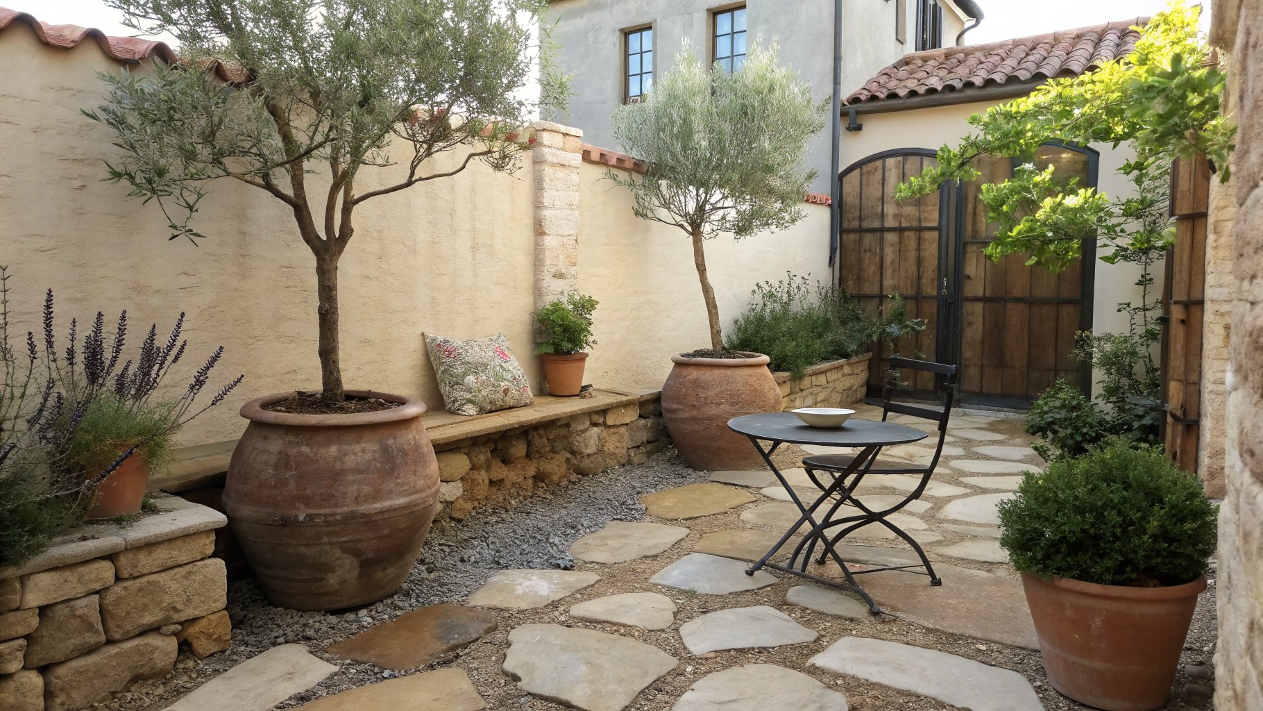 Stone-paved courtyard patio featuring a small round metal table with two folding chairs, surrounded by potted plants, olive trees, lavender, a watering can, boxwoods, and a green double door on a beige stucco house wall with stone accents.