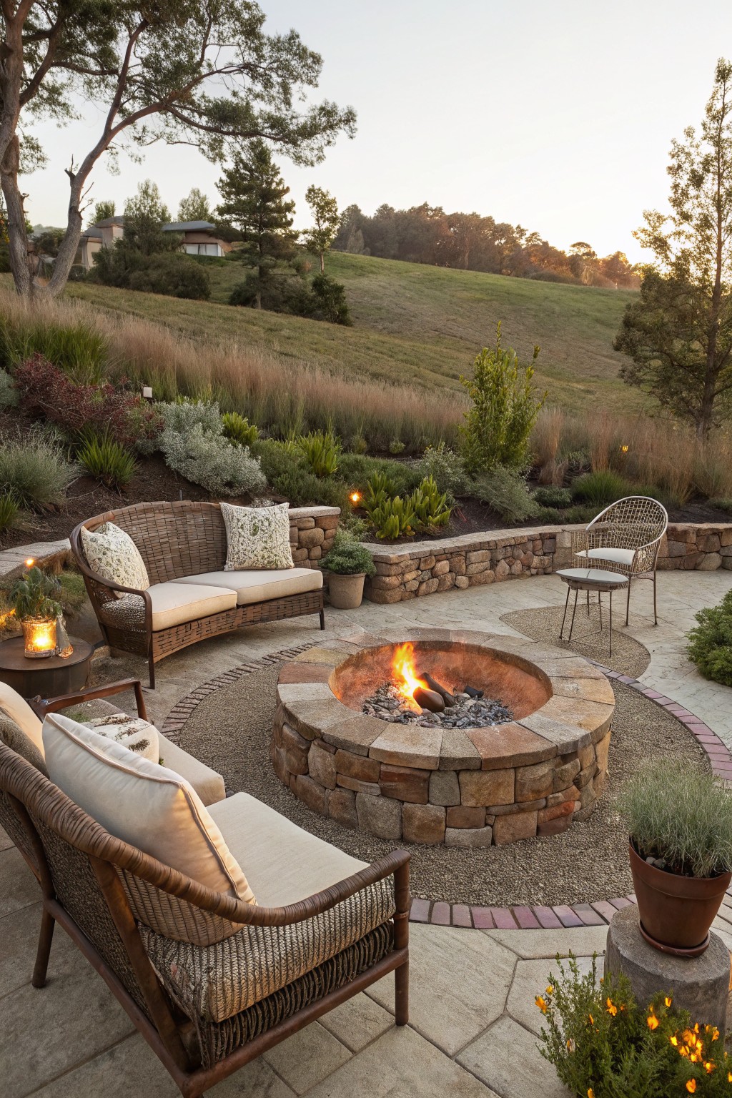 Outdoor patio with circular stone fire pit surrounded by wicker sofa, chairs, and side tables, stone retaining walls, potted plants, grasses, and hillside landscape at dusk.