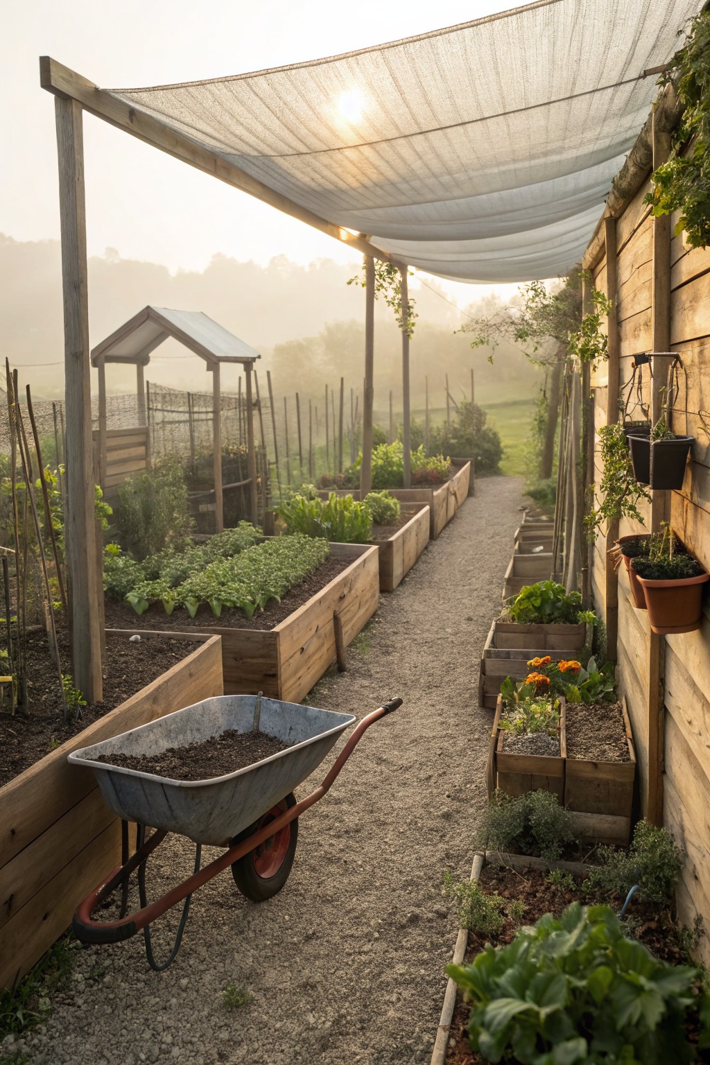 Gravel pathway flanked by wooden raised garden beds planted with vegetables, herbs, and flowers, under a shaded canopy structure with a wheelbarrow nearby.