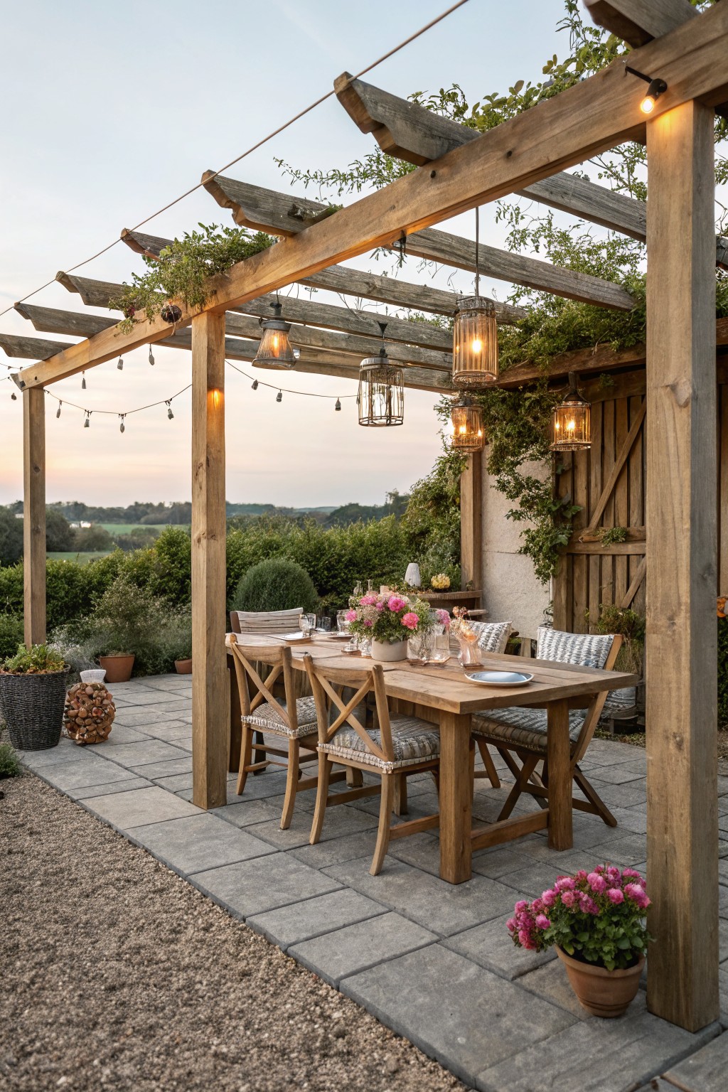 Wooden pergola with climbing vines and hanging lanterns over a rectangular dining table with chairs on a stone patio, potted plants nearby, and rural landscape in background.