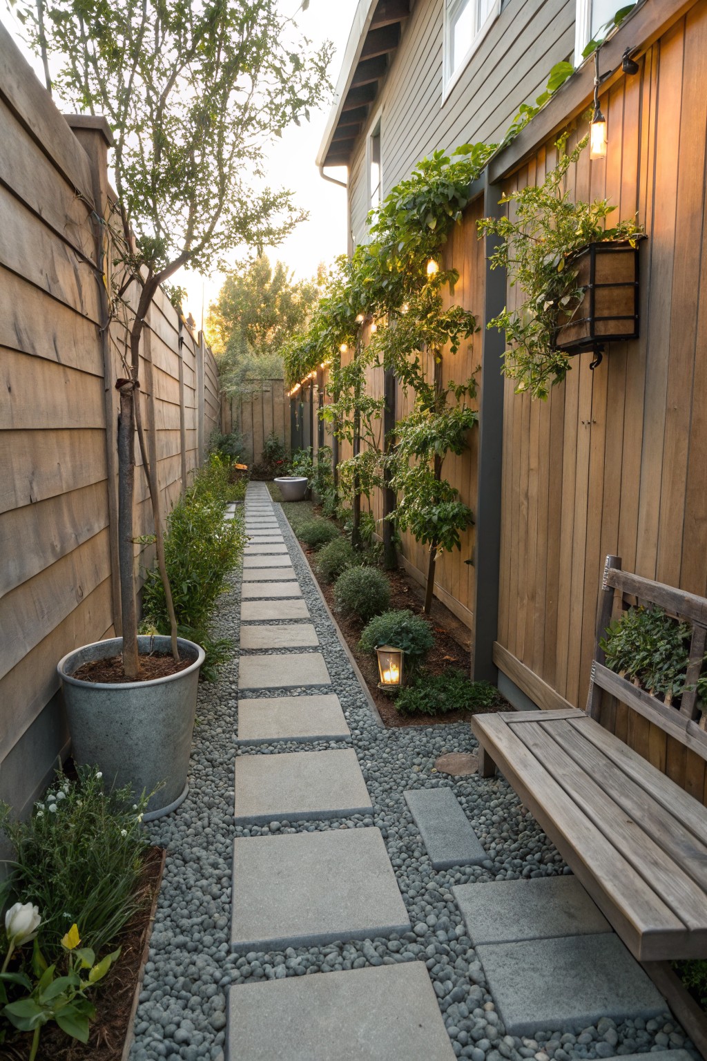 Narrow side yard pathway between tall wooden fences, with large gray concrete stepping stones set irregularly in white gravel ground cover, lined by low plants, potted trees, lanterns, string lights, and a wooden bench at the end.