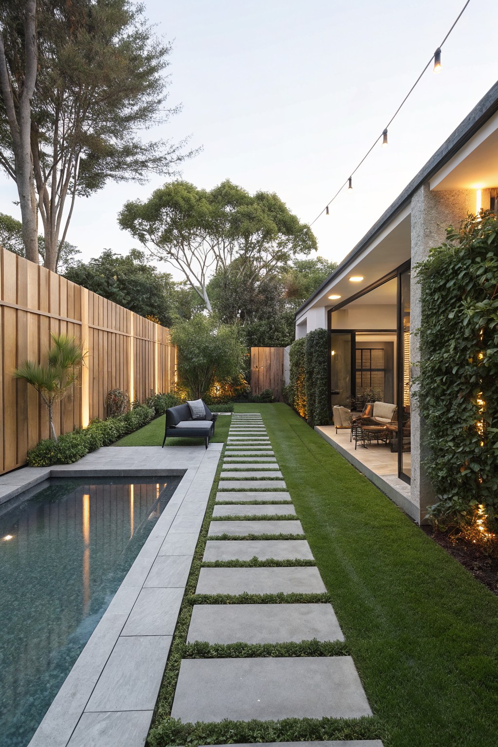 Narrow backyard with rectangular pool along one side, concrete stepping stone path set into grass lawn leading to outdoor seating, wooden slat fence, palm trees, climbing plants on house wall, string lights, and glass doors at dusk.