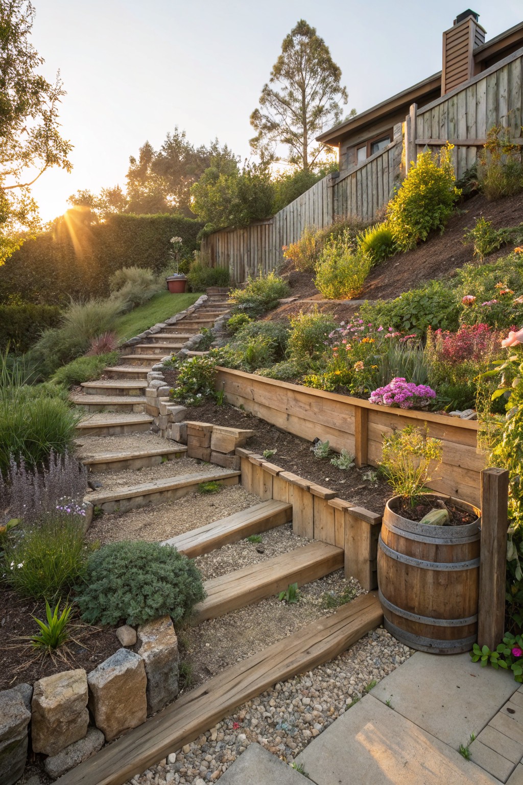 Sloped backyard pathway of wooden steps with gravel treads and stone edges, bordered by timber retaining walls holding garden beds filled with plants and shrubs, plus a wooden barrel planter nearby.