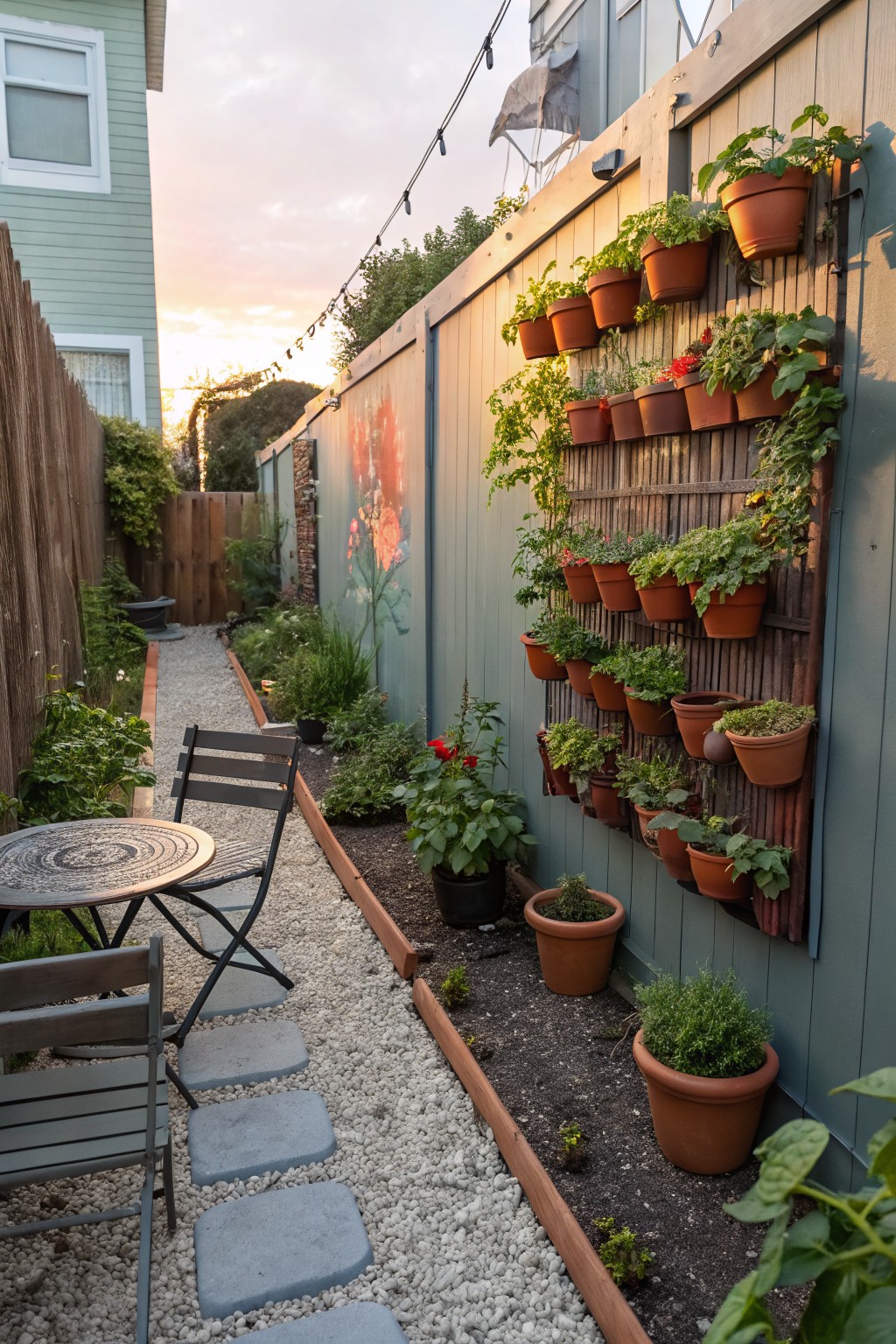 Narrow backyard gravel path edged with plants and bordered by a tall wooden fence holding multiple rows of terracotta pots filled with herbs, flowers, and greenery, plus a small bistro table and two chairs.