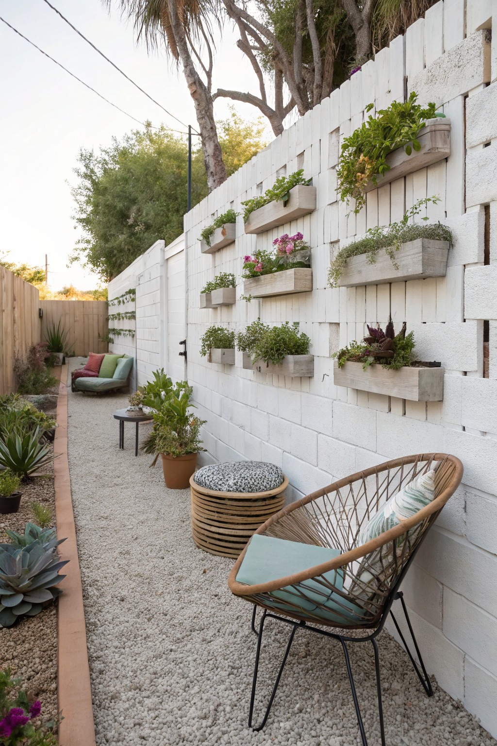 Narrow gravel pathway edged with succulents and potted plants beside a tall white cinder block wall covered in wooden trough planters with greenery, herbs, and a wicker chair with cushions nearby.