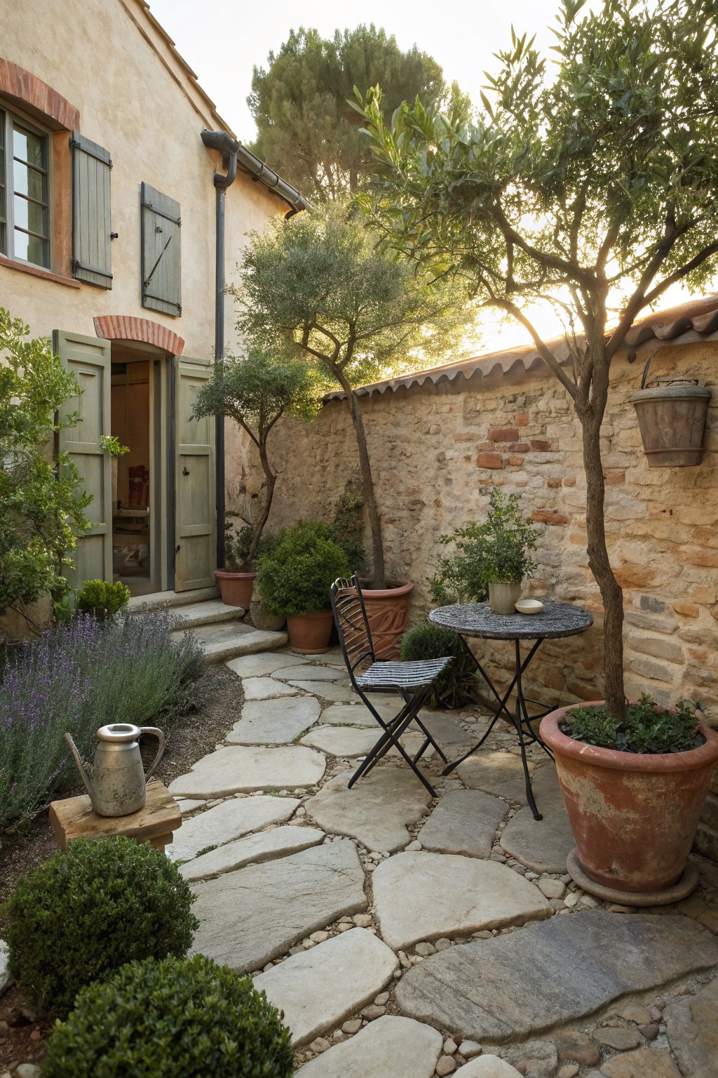 Stone-paved courtyard patio featuring a small round metal table with two folding chairs, surrounded by potted plants, olive trees, lavender, a watering can, boxwoods, and a green double door on a beige stucco house wall with stone accents.