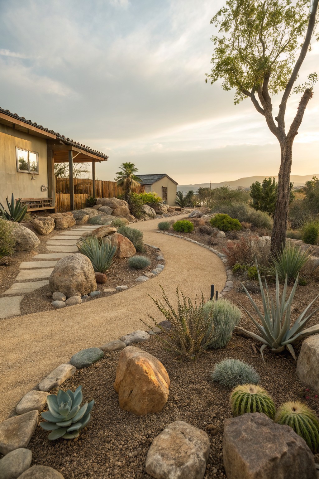 Winding gravel path with stepping stones curves through a backyard rock garden featuring large boulders, agave plants, cacti, and succulents beside a small adobe-style house and sunset hills.