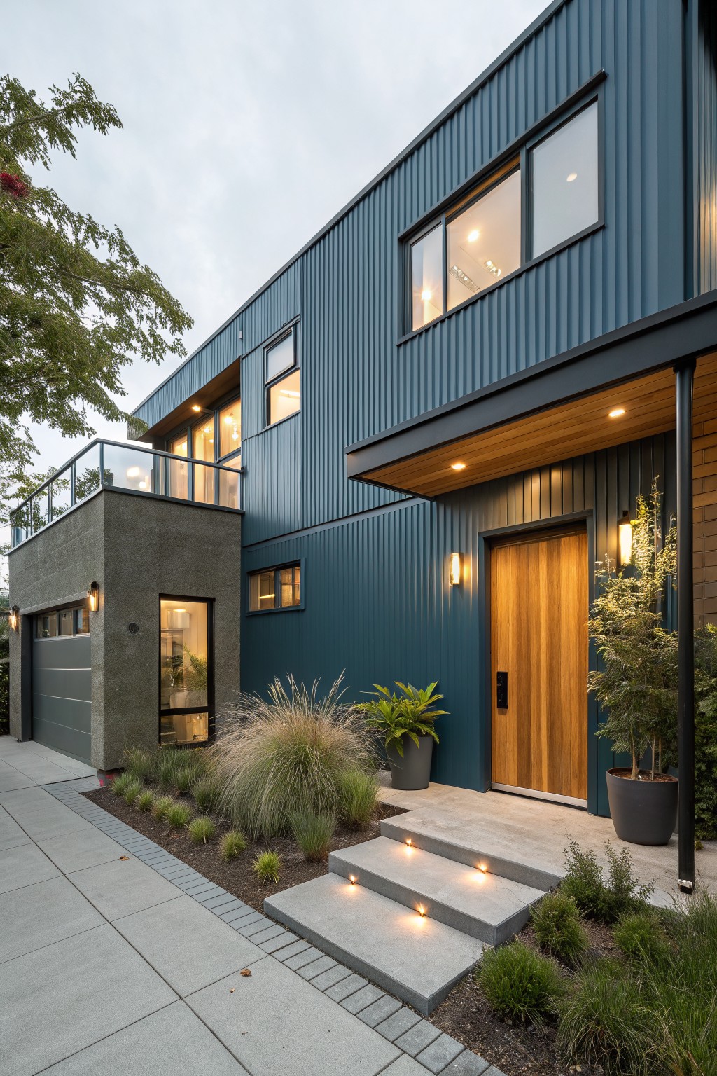 Modern house exterior with dark blue corrugated siding.
