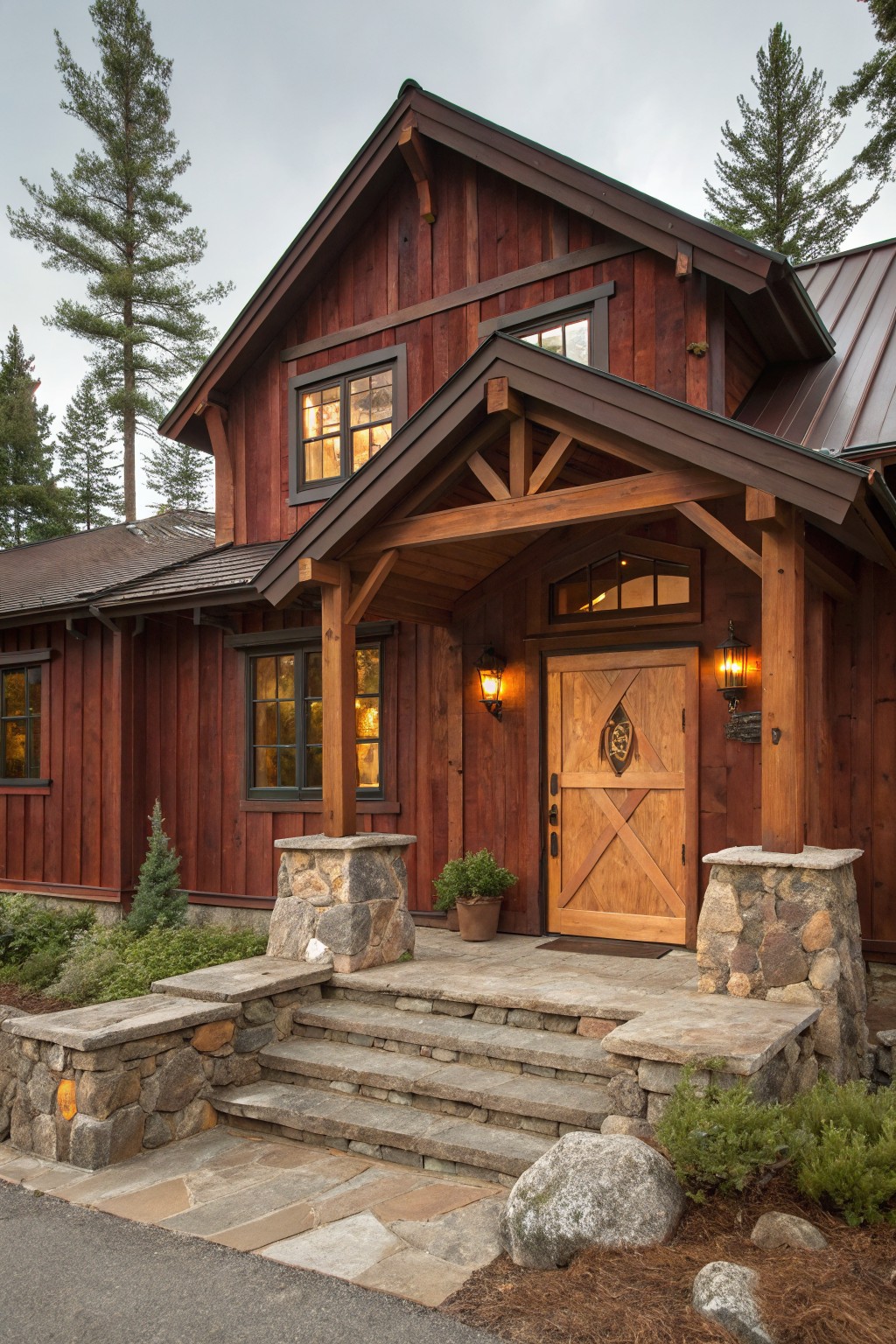House exterior with deep red wooden siding and stone accents at the entrance.