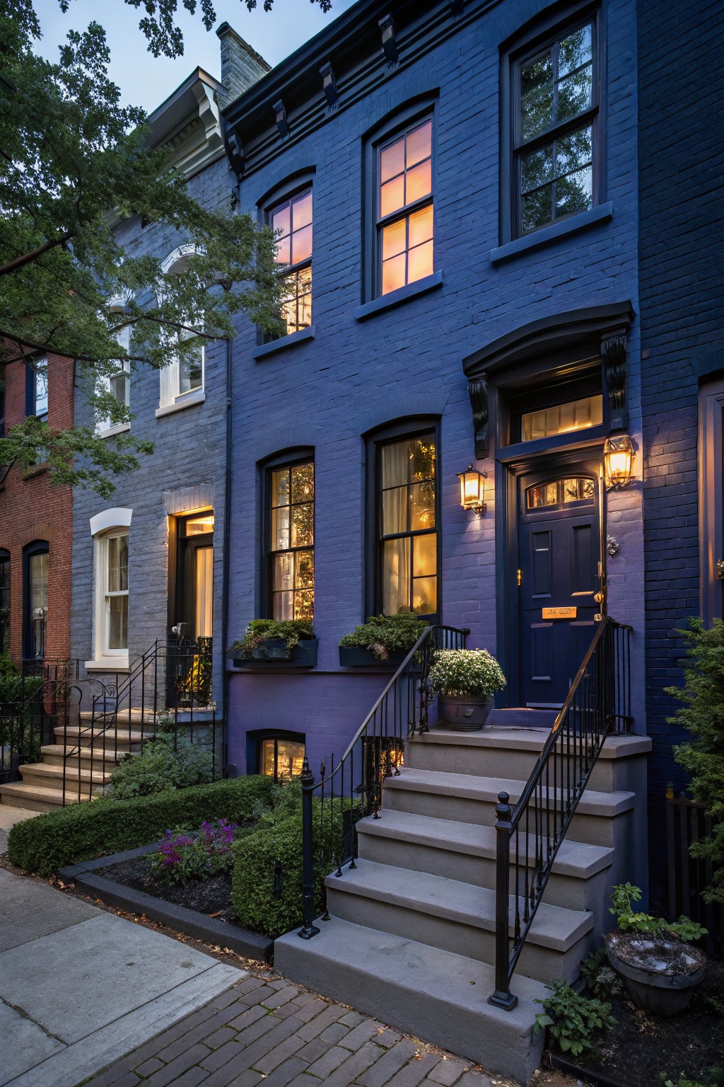 Deep navy blue painted brick on a row of traditional townhouse exteriors.