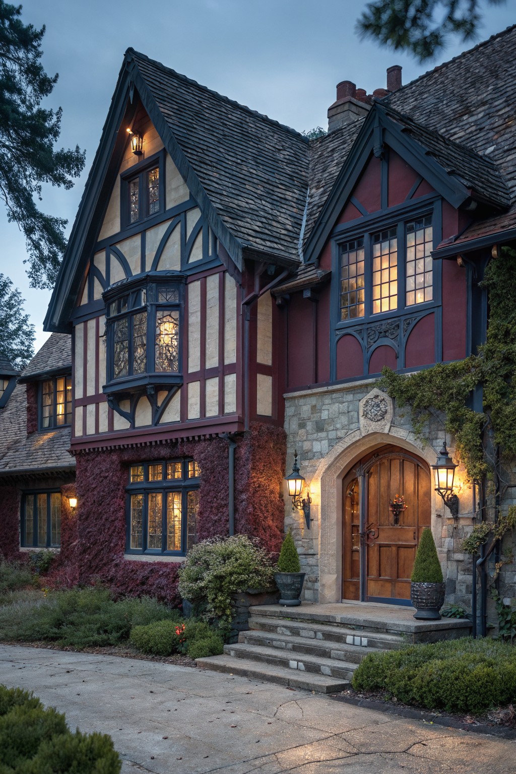 A Tudor home with deep red painted siding, dark trim, and a stone entry.