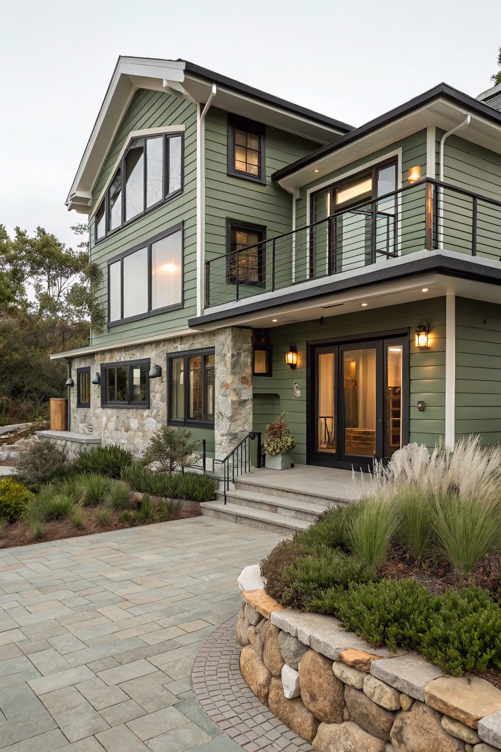 A house with soft sage green siding and a stone foundation.