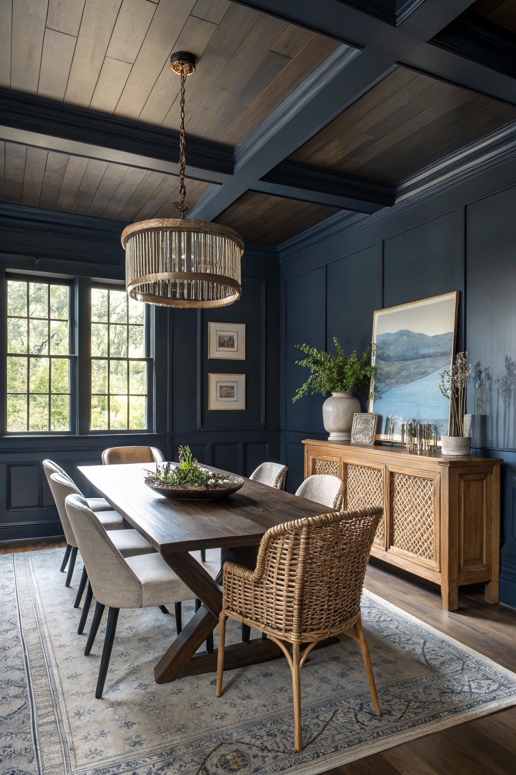 Dark navy blue walls in a wood-paneled dining room with a long table and woven chairs.