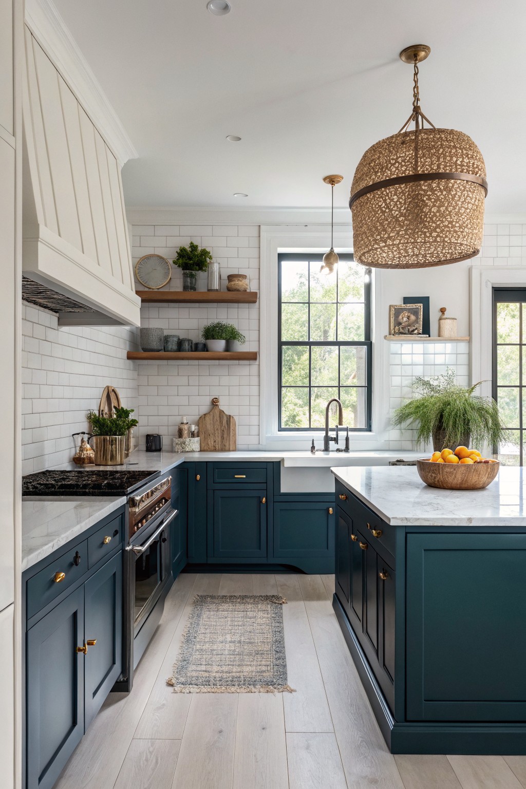A kitchen with deep teal cabinets and white subway tile backsplash.