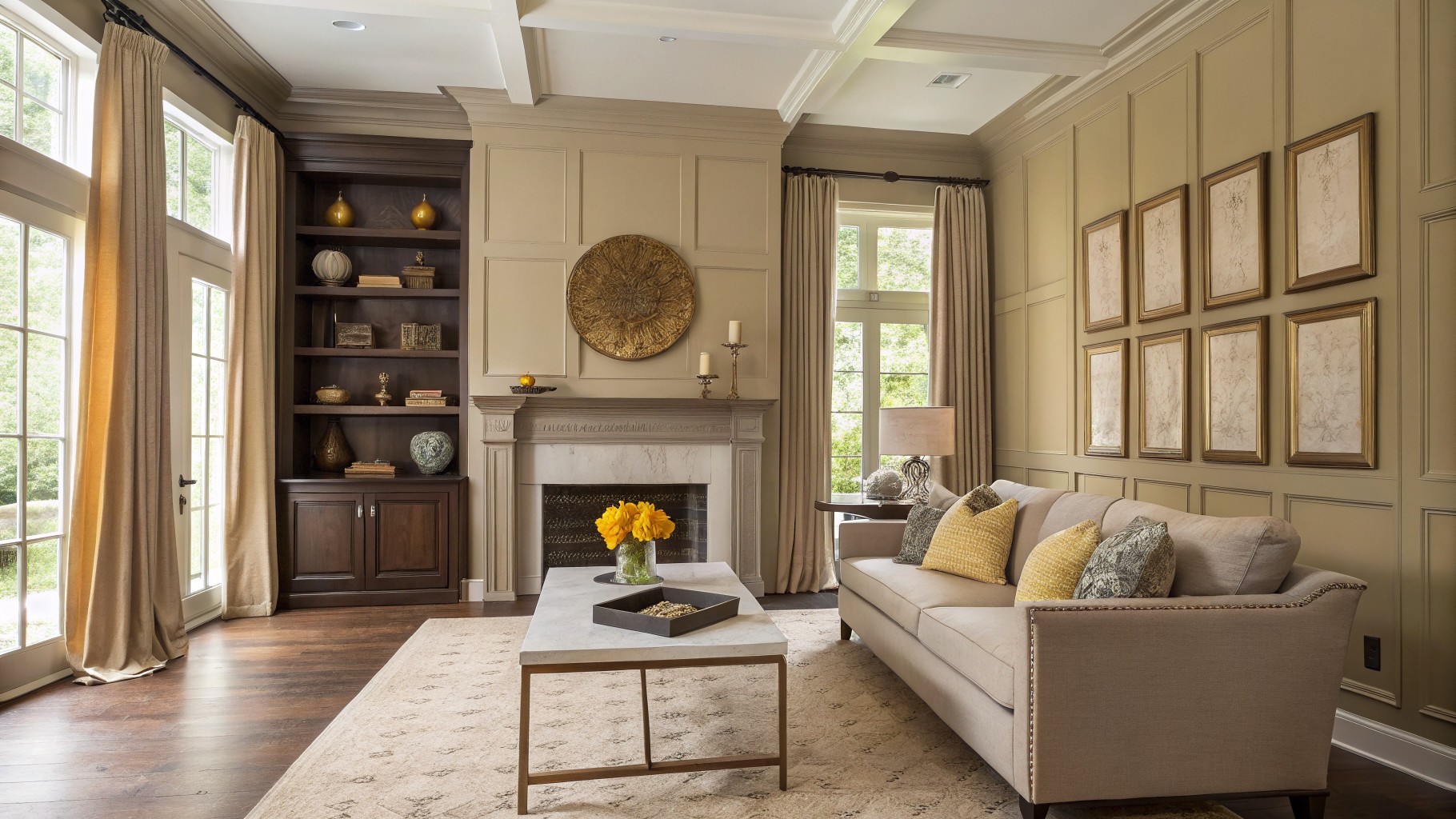 Warm yellow walls in a traditional living room with built-in shelves and a fireplace.