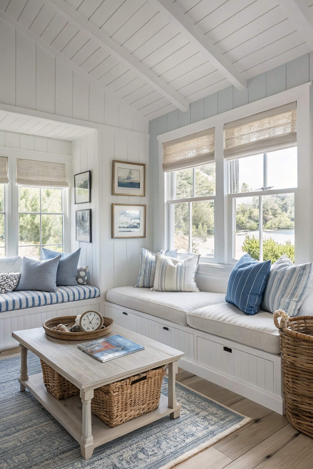 Light blue-gray walls in a bright room with white trim and built-in seating.