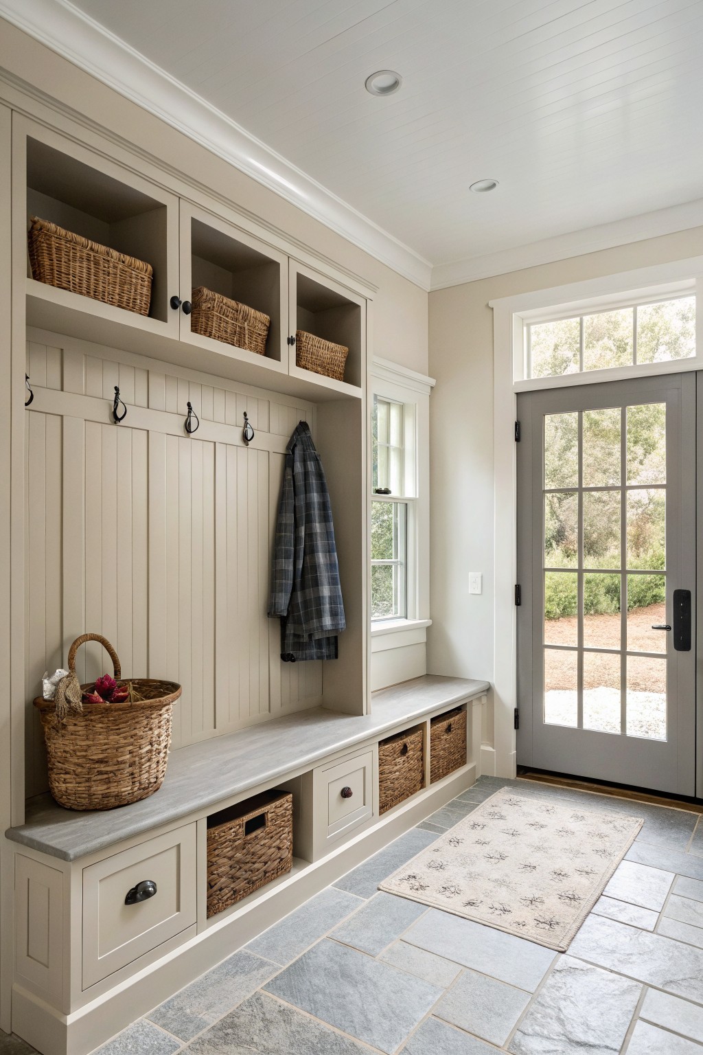Built-in cabinetry and bench painted in a soft greige color in a tiled entryway.