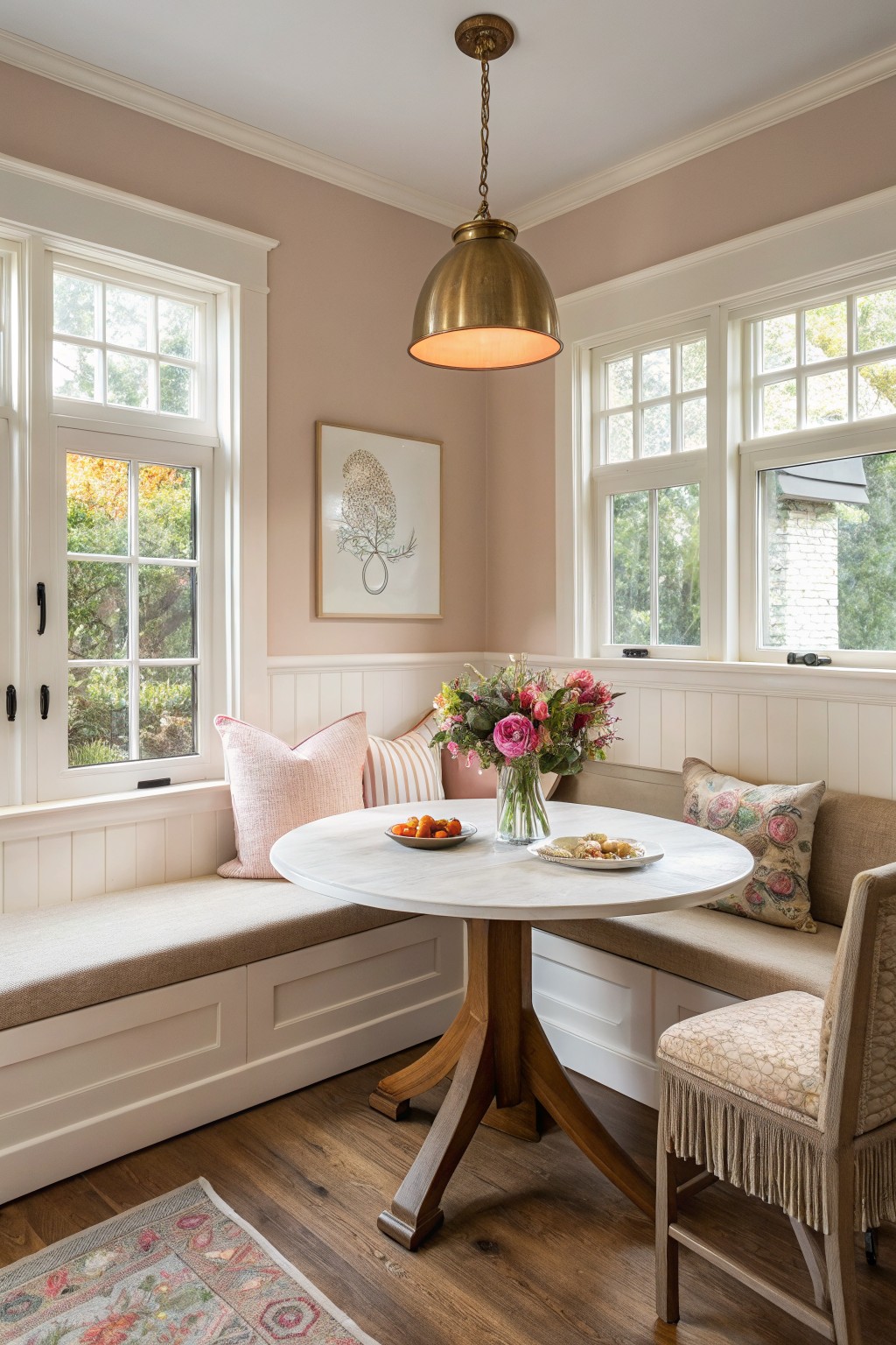 A breakfast nook with soft pink beige walls, white wainscoting, and a round marble table.