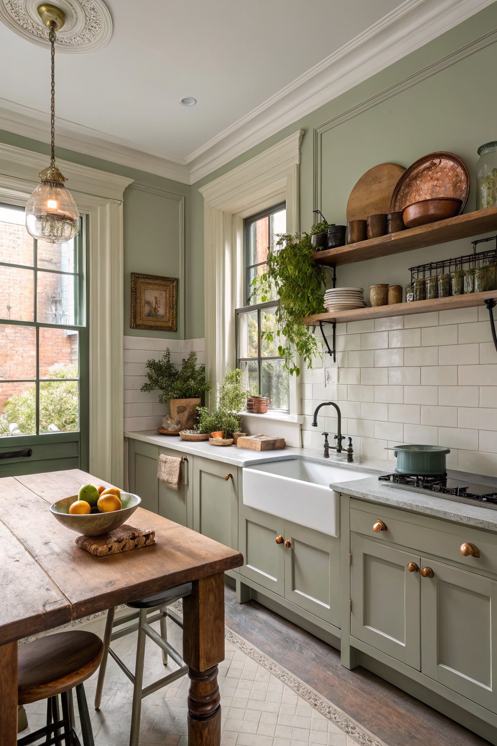 Kitchen walls painted in a soft sage green with white cabinets and wooden open shelves.