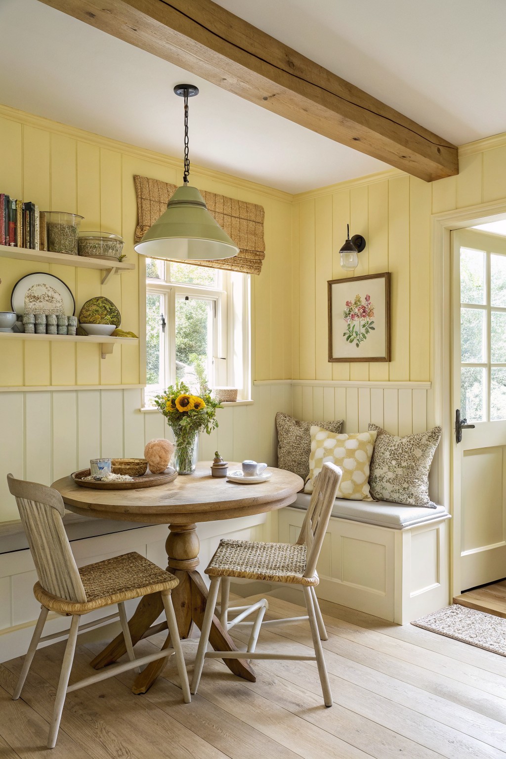 Soft yellow walls with white wainscoting in a bright kitchen corner.