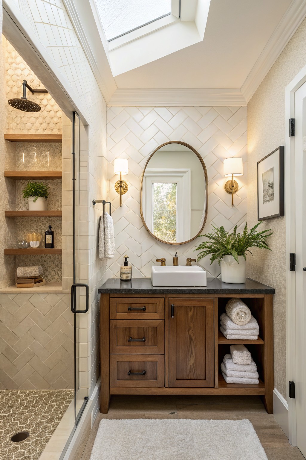 A bathroom with warm greige walls and wood vanity.