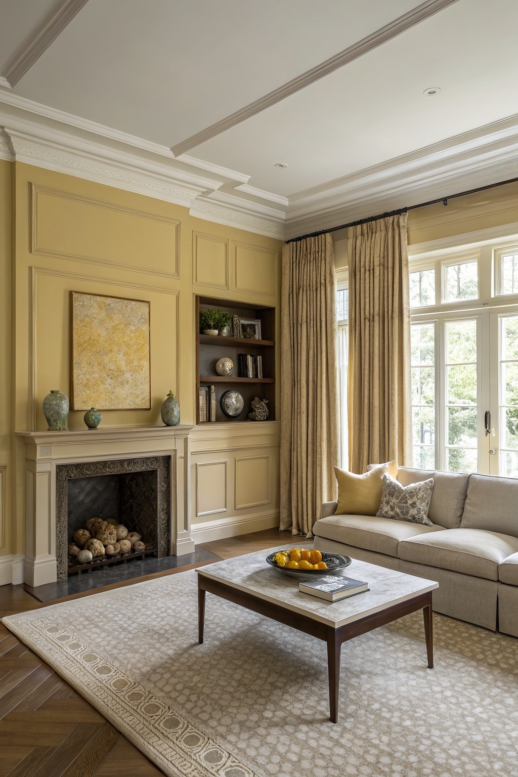 Warm yellow walls in a traditional living room with built-in shelves and a fireplace.