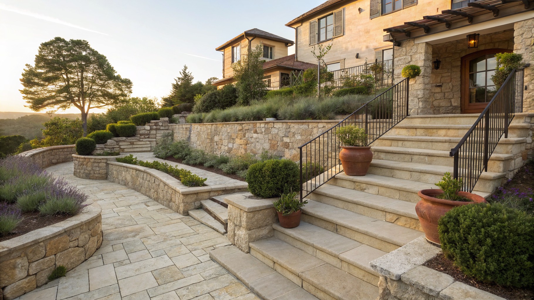 Sloped backyard featuring multi-level dry-stacked stone retaining walls with integrated stone stairs, terracotta pots of lavender and shrubs, and a wooden bench at the base leading up to a stucco house.