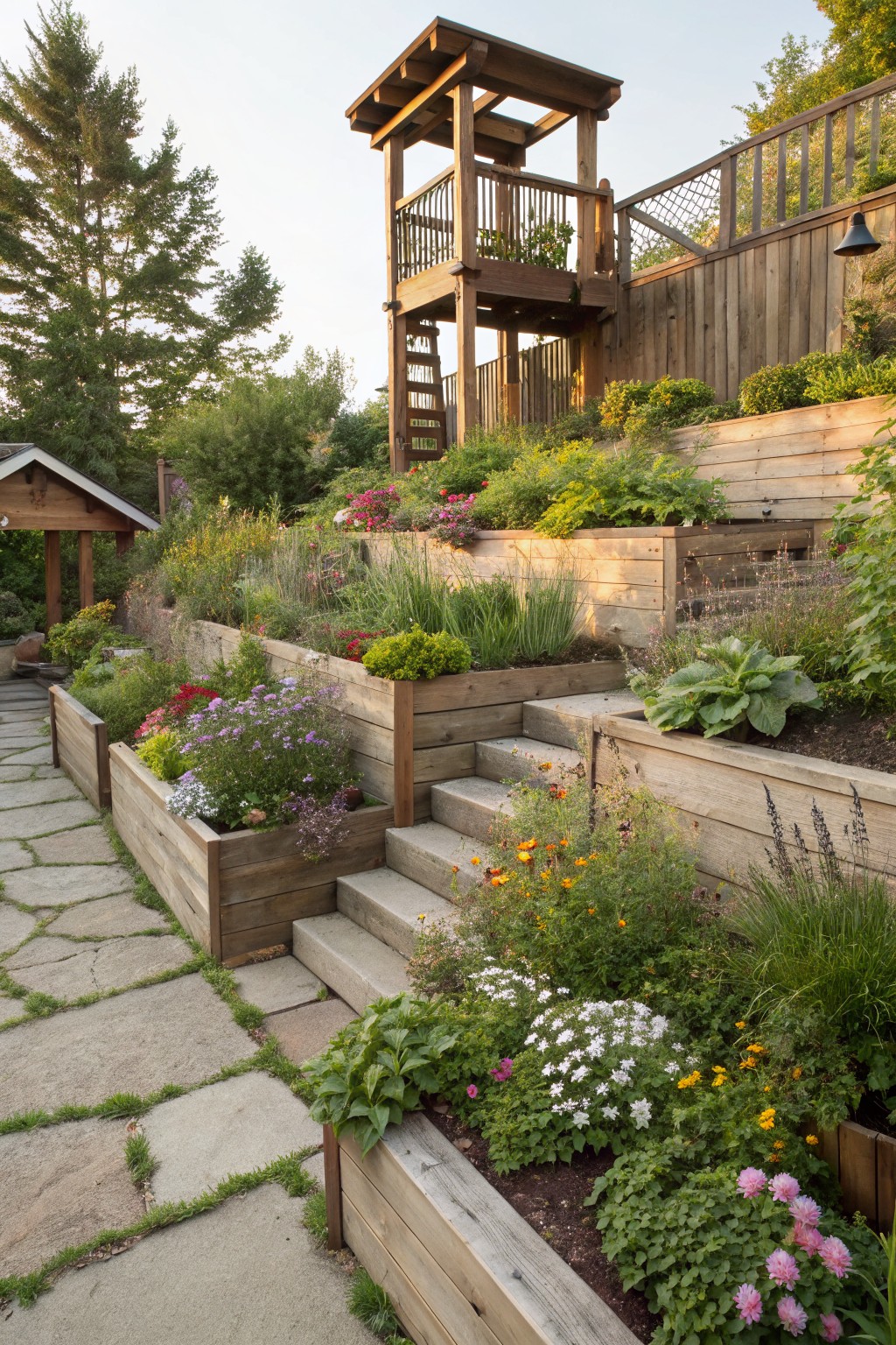 Sloped backyard with multiple levels of wooden raised planters filled with colorful flowers, grasses, and shrubs, concrete steps connecting terraces, a stone path, and a wooden tower structure nearby.
