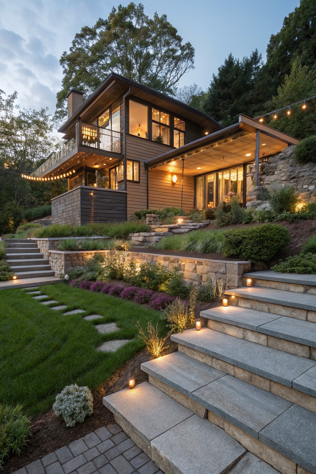 Modern wood and glass house on a steep wooded hillside at dusk, with wide bluestone steps lit by small lanterns, flanked by stone retaining walls and ornamental grasses leading to a lower deck area.