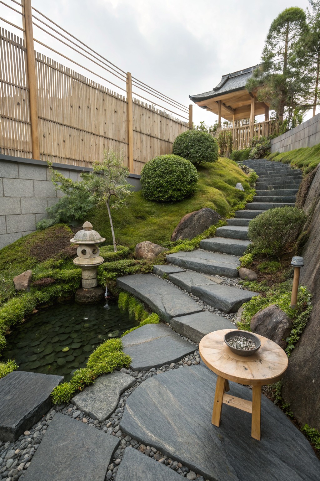 Sloped backyard garden with irregular gray stone steps leading upward through moss-covered ground, large rocks, low shrubs, a small pond with lily pads, a stone lantern, and a wooden pavilion structure at the top.