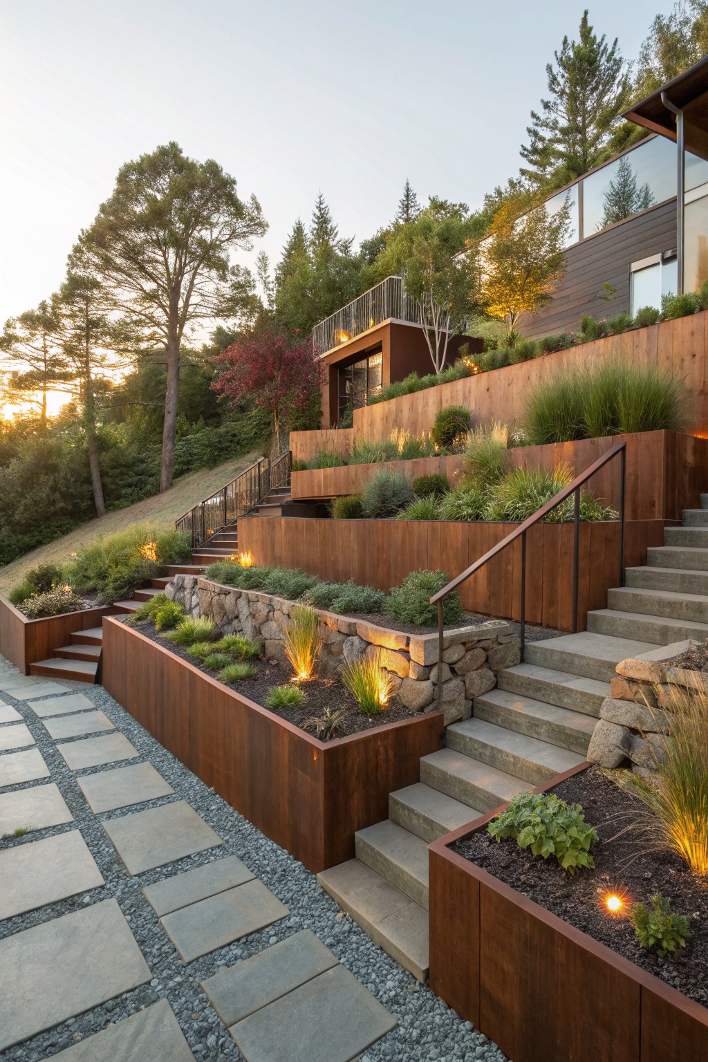 Sloped backyard with tiered corten steel raised planters filled with grasses, shrubs, and perennials, concrete steps and railings ascending to a wood-clad modern house amid trees at dusk.