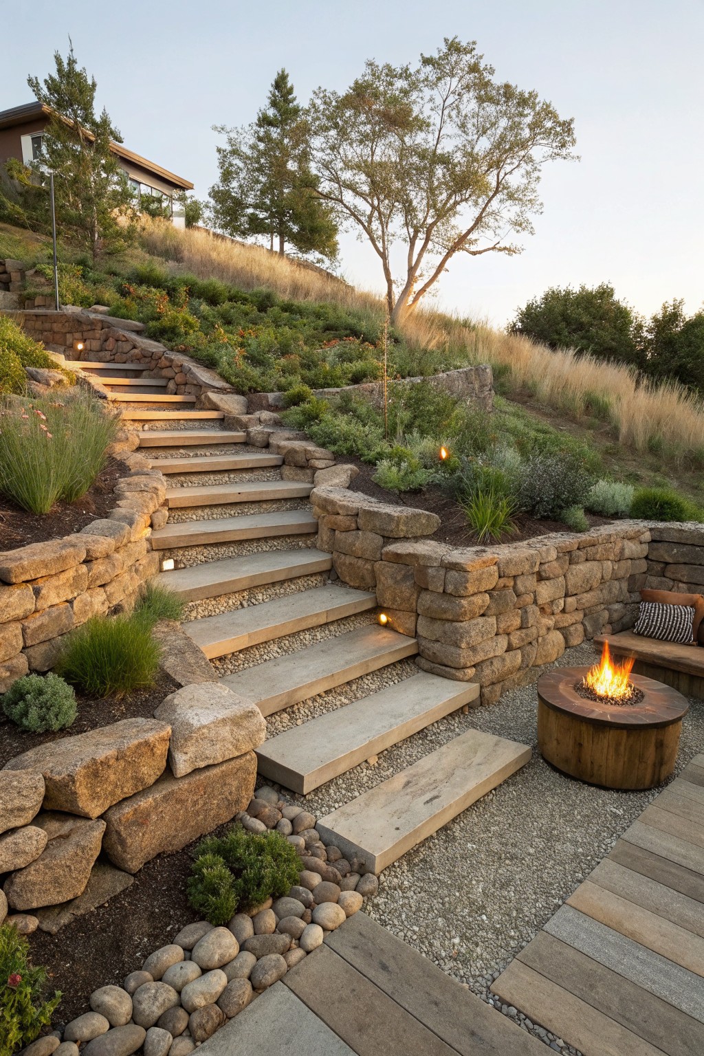 Wide stone steps with gravel risers ascending a grassy slope, flanked by planted rock retaining walls, ending at a lower patio with fire pit, bench, and wood decking near a house.