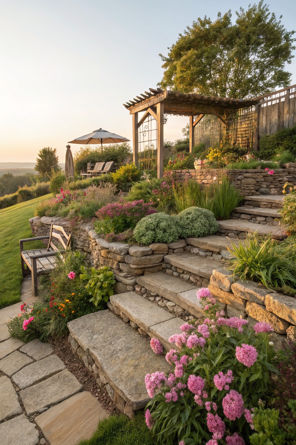 Sloped backyard with wide irregular stone steps flanked by dry-stack retaining walls planted with pink flowers, grasses, and shrubs, leading up to a pergola and lounge chairs under trees at sunset.