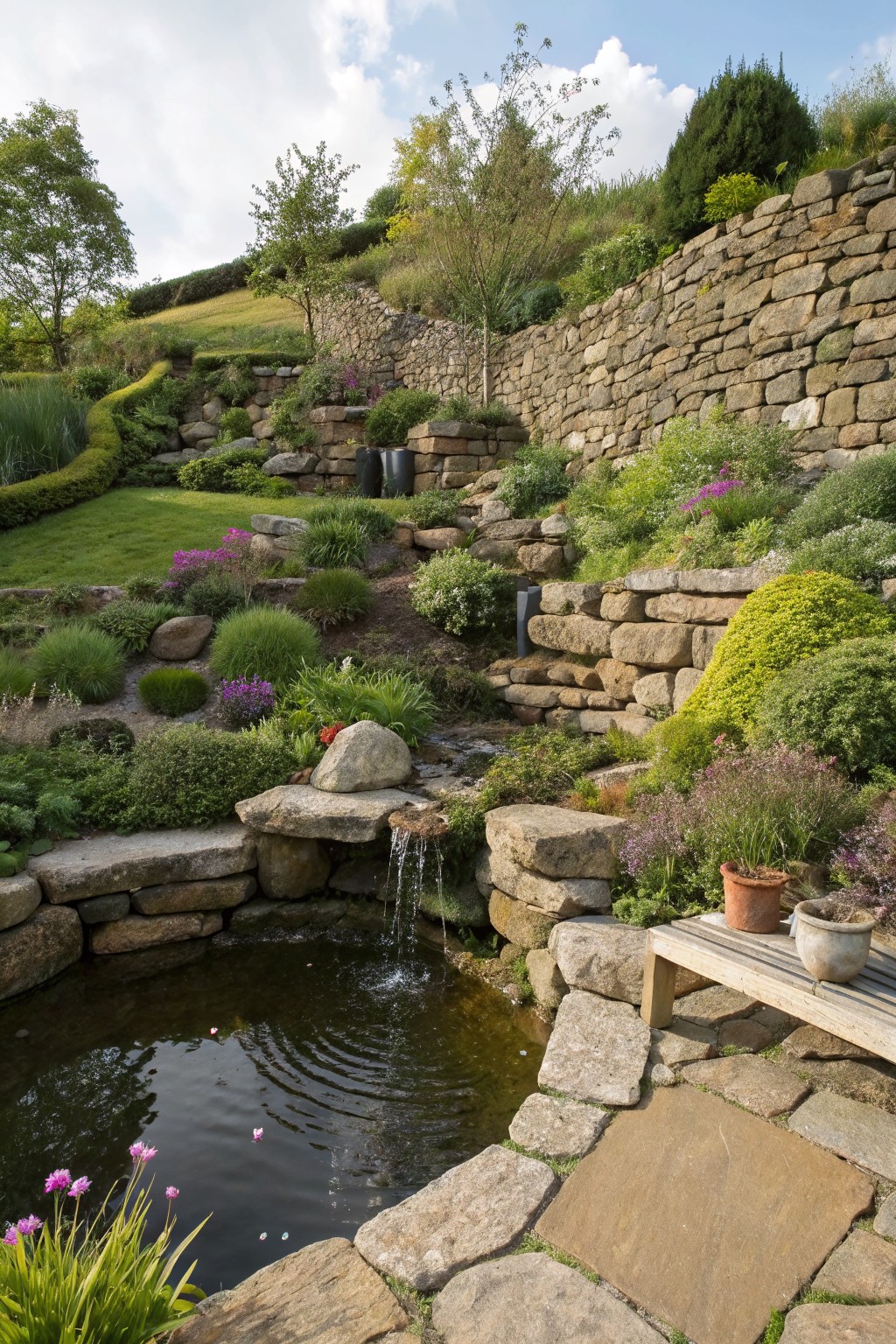 Sloped backyard with multiple dry-stacked stone retaining walls forming terraces planted with various shrubs and flowers, a small pond with waterfall at the base, and a wooden bench nearby.