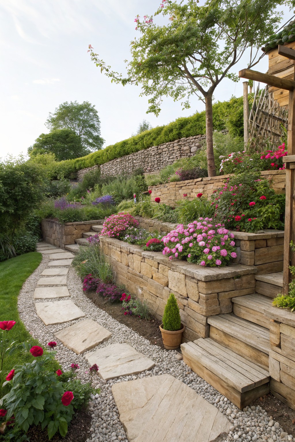 Sloped backyard with multi-level sandstone retaining walls holding flower beds of pink and red blooms, a winding flagstone path, wooden steps, gravel areas, shrubs, trees, and a hedge-covered hill in the background.