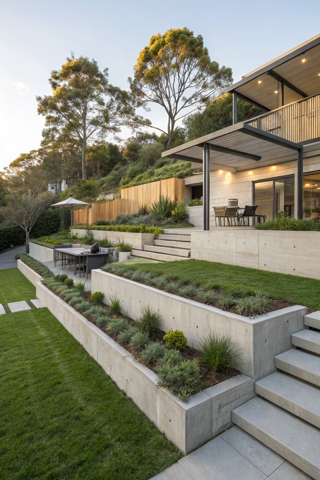 Sloped backyard with multiple tiers of concrete retaining walls planted with grasses and shrubs, concrete steps between levels, and a modern house above with outdoor seating.