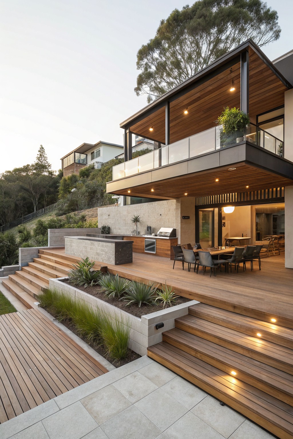 Modern two-story house on a hillside with a large elevated wooden deck including an outdoor kitchen, dining table with chairs, and broad wooden steps lit from below descending to a lower deck area edged by stone planters with grasses and agaves.