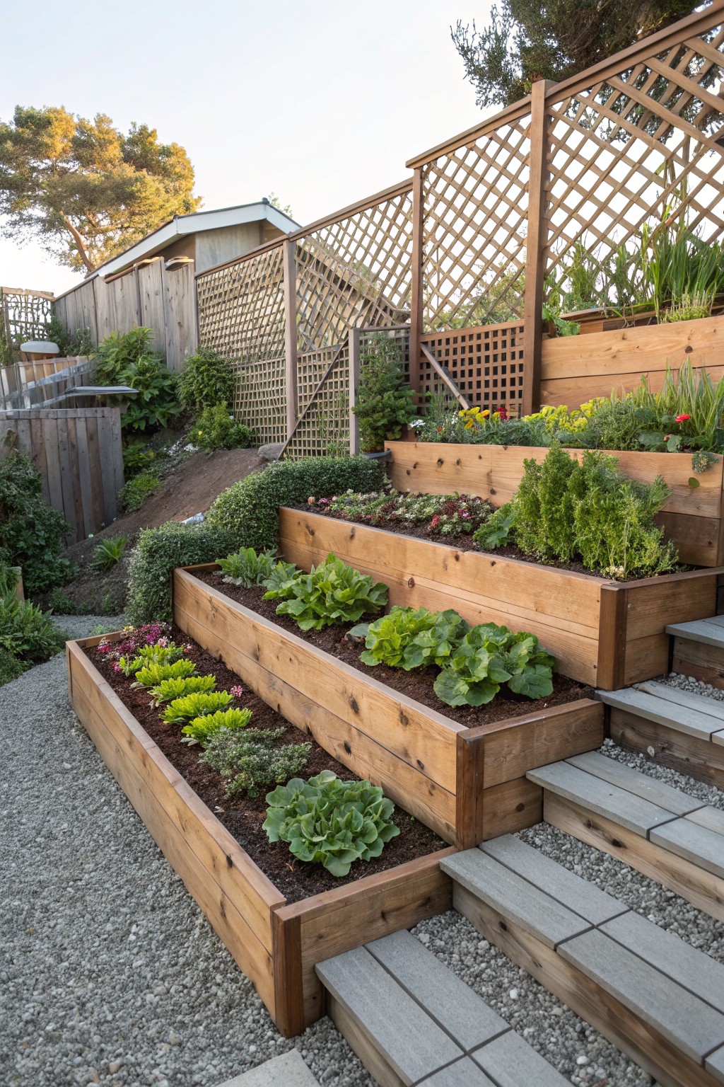 Sloped backyard with three levels of rectangular wooden raised garden beds planted with leafy greens, herbs, and flowers, integrated beside concrete and wood steps, fenced on sides with trees in background.