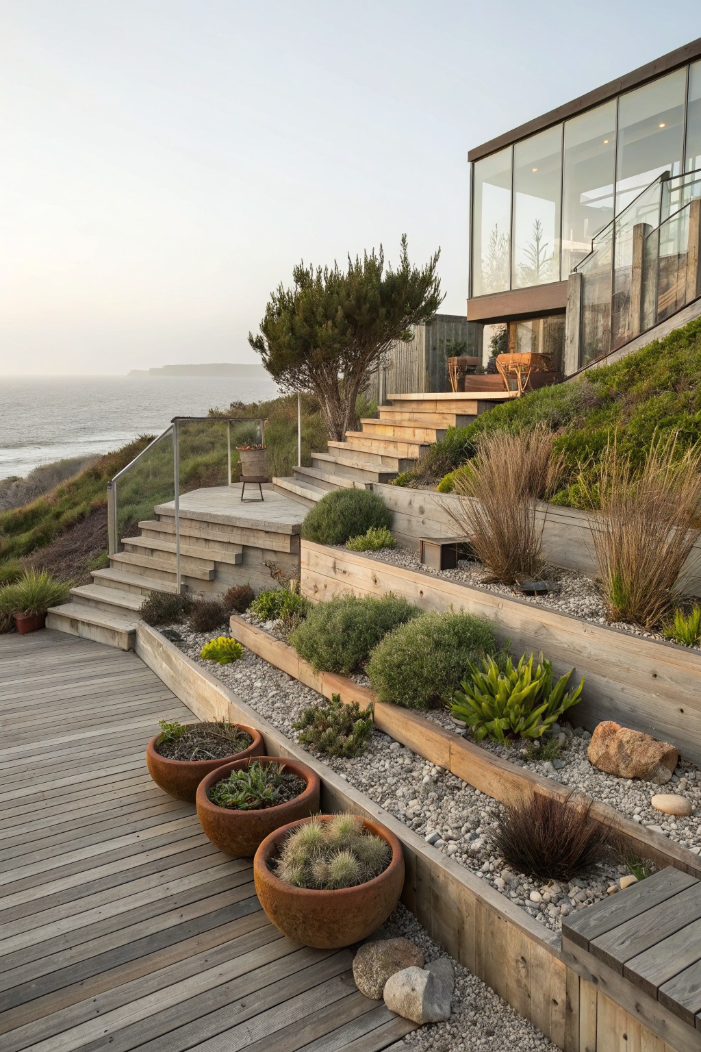 Wooden terraced retaining walls with plants, grasses, succulents in pots, gravel mulch, and steps leading up to a glass-walled modern house on a coastal slope overlooking the ocean.