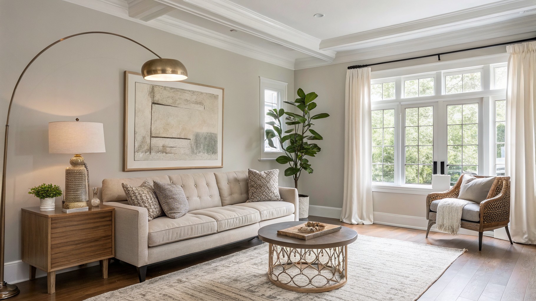 Light greige walls in a living room with wood floors and a neutral sofa.