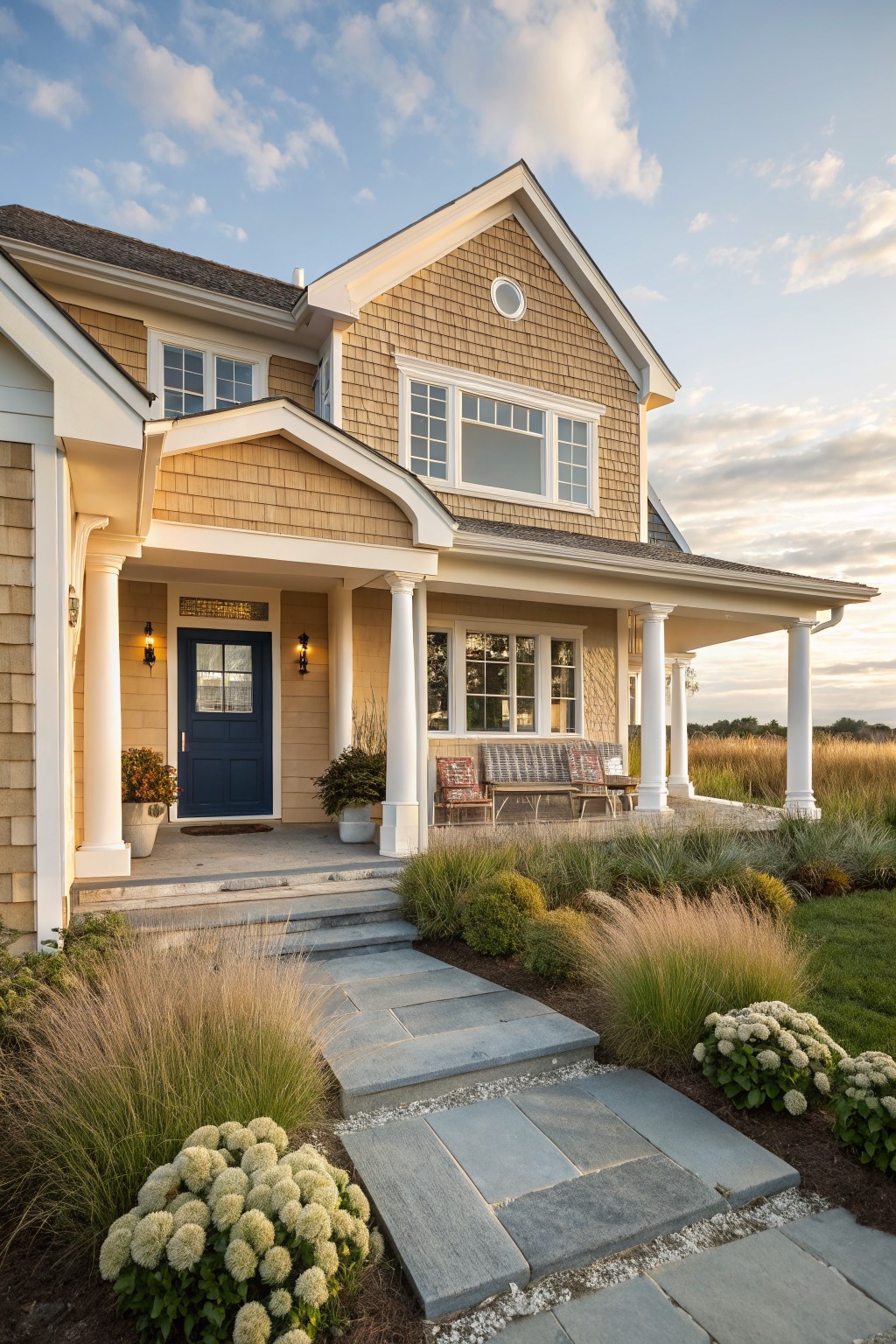 Charming house with shingle siding, blue door, porch, and landscaped garden path.