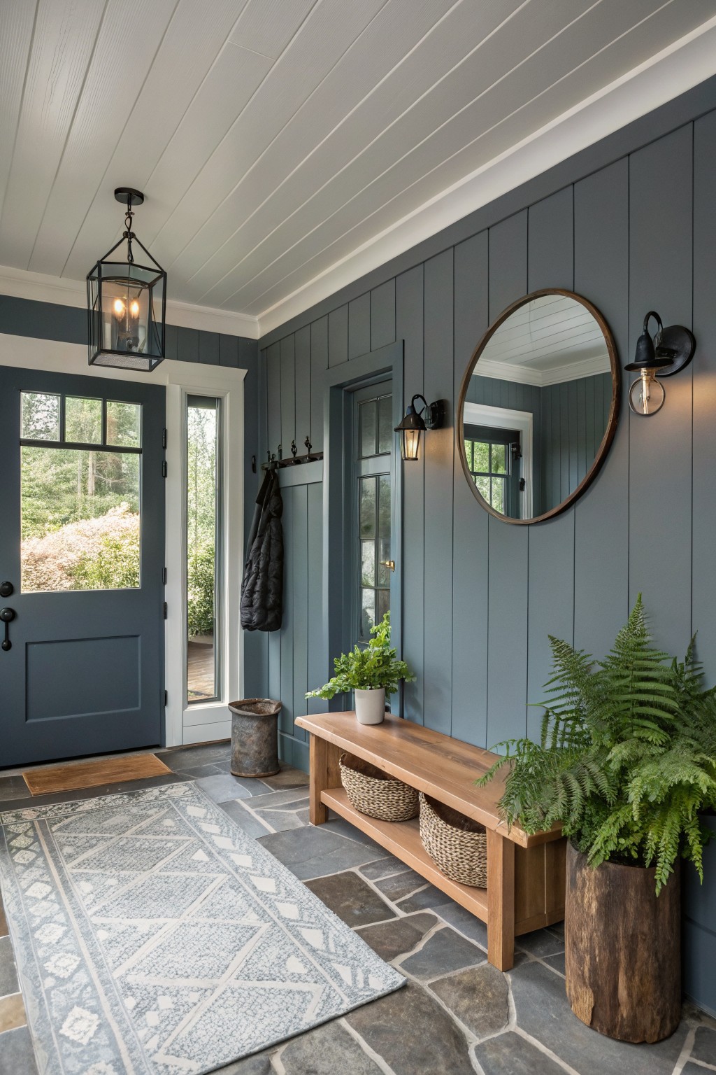 Blue gray walls in a modern home entryway with a wood bench and stone floor.