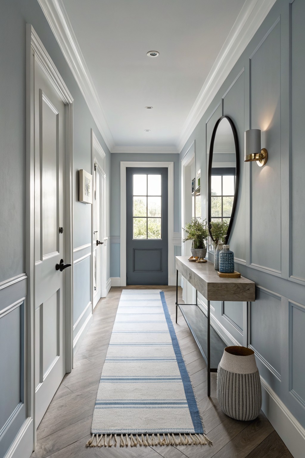 A long hallway with soft blue gray walls, white trim, and a striped runner on light wood flooring.