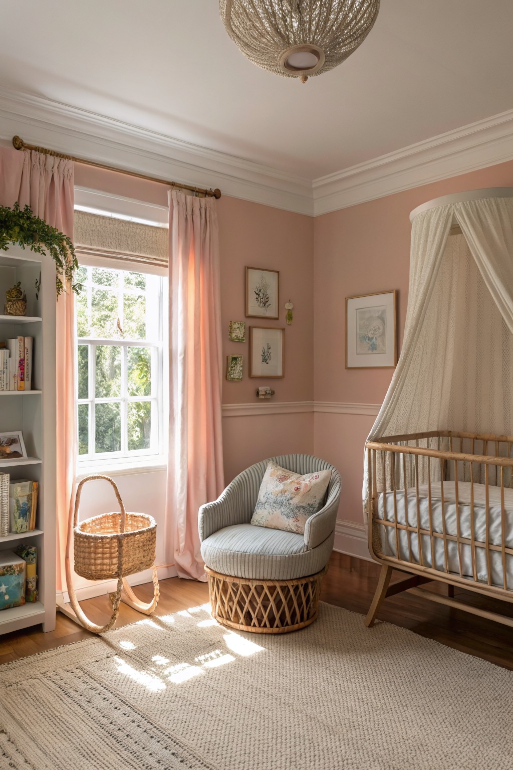 Soft blush walls in a bright nursery with a wooden crib and woven rug.