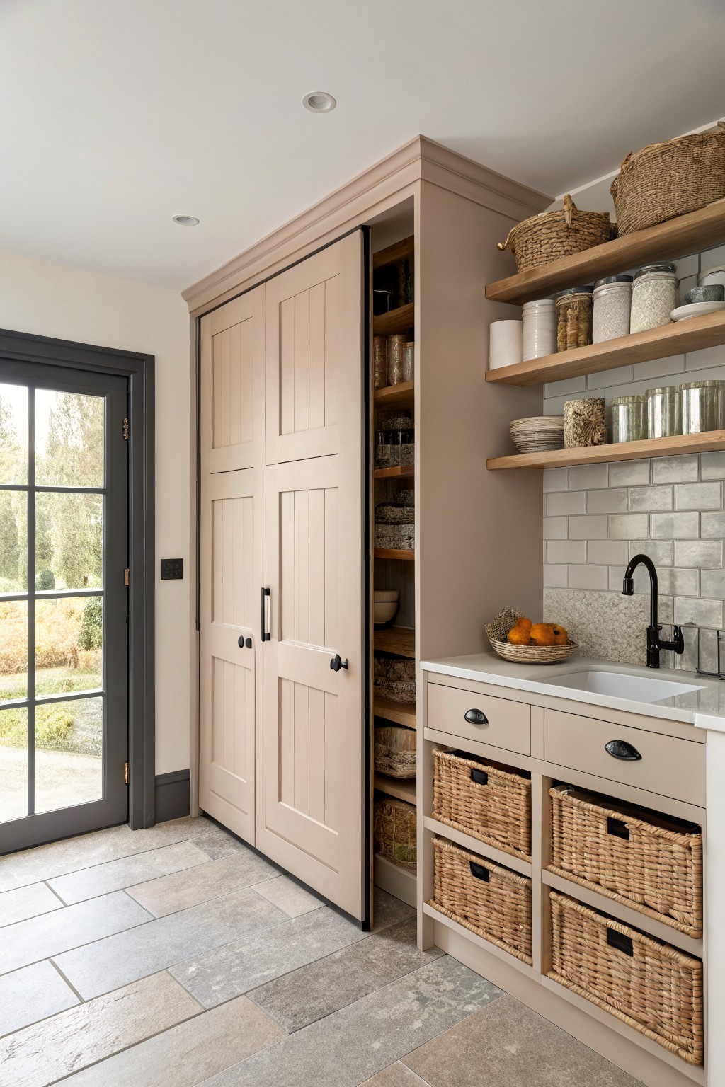 Modern kitchen corner with cream cabinets, wooden shelves, and organized storage baskets.