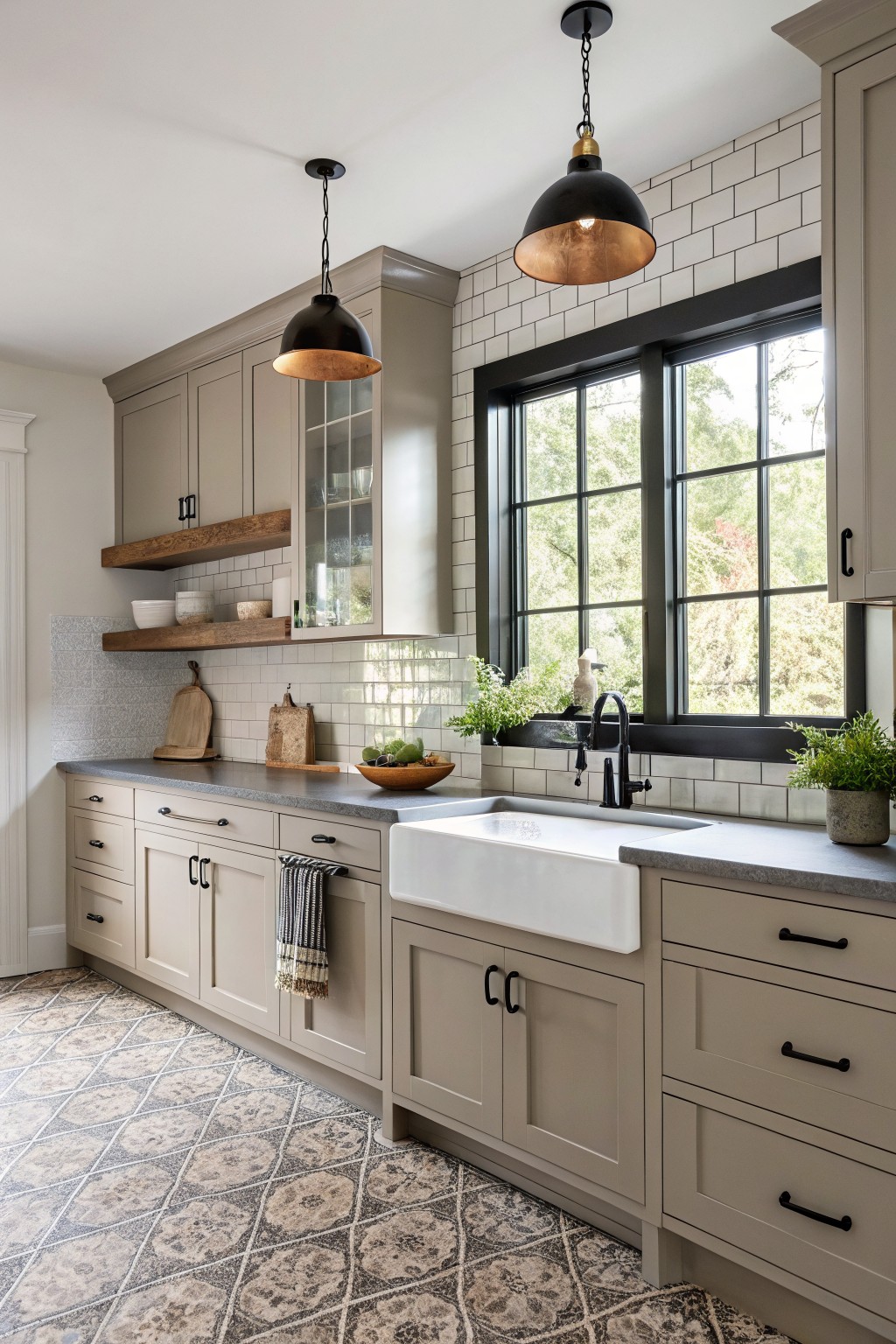 Soft greige cabinets in a kitchen with wood shelves and a white farmhouse sink.